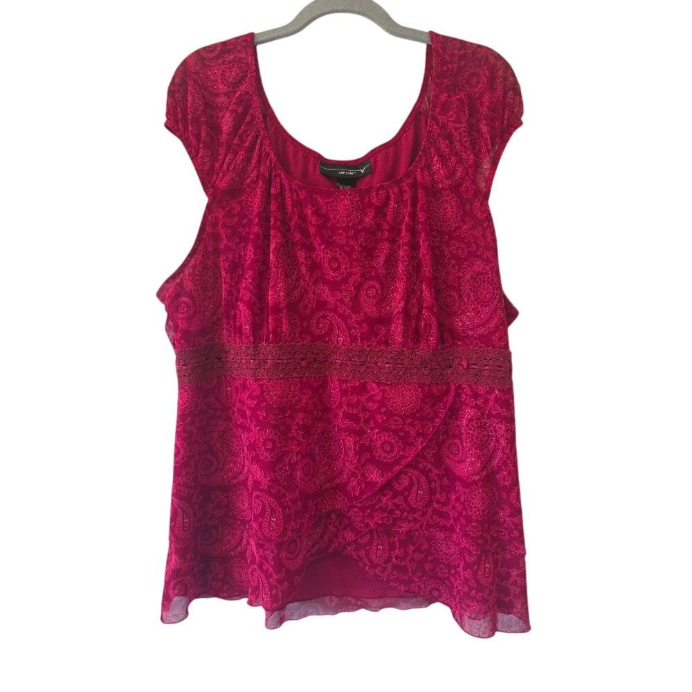 Venezia Plus Size 18/20 Red Paisley Mesh Overlay Boho Romantic Blouse